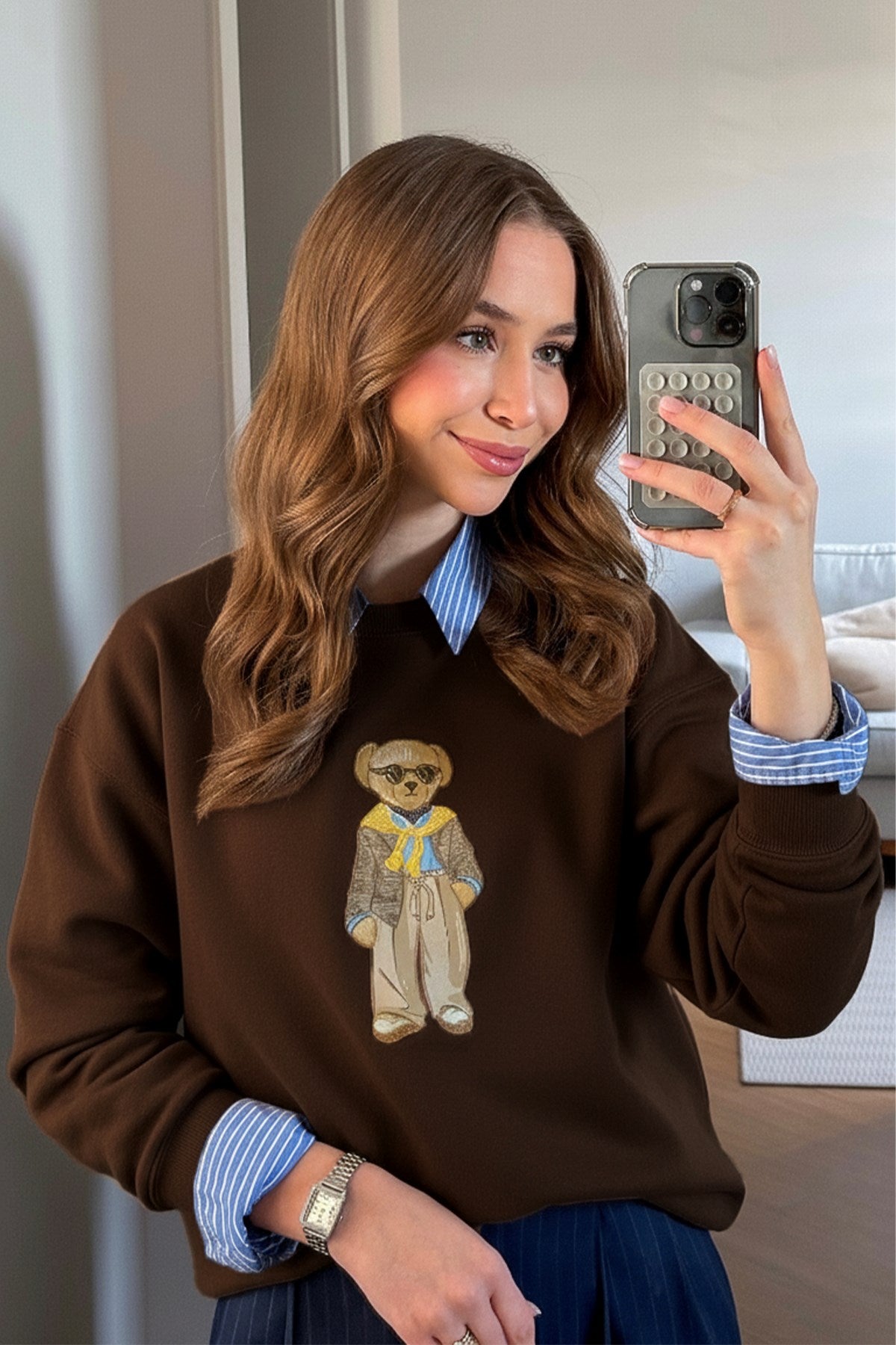 Kadın Oversize Sweatshirt Gentleman Bear Baskılı Kahverengi – Bisiklet Yaka, 3 İplik Şardonlu