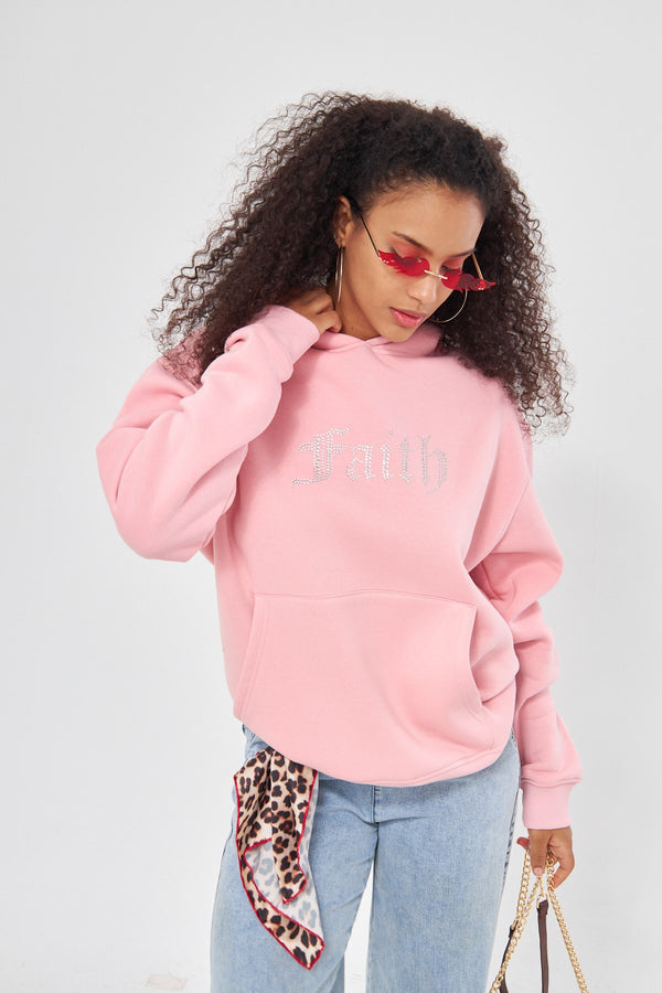 Faith Yazılı Taş Baskılı Kapüşonlu İçi Polar Oversize Pembe Sweatshirt