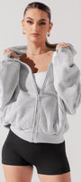 Kadın Gri Oversize Fermuarlı Kapüşonlu Sweatshirt 3 İplik Şardonlu Kumaş