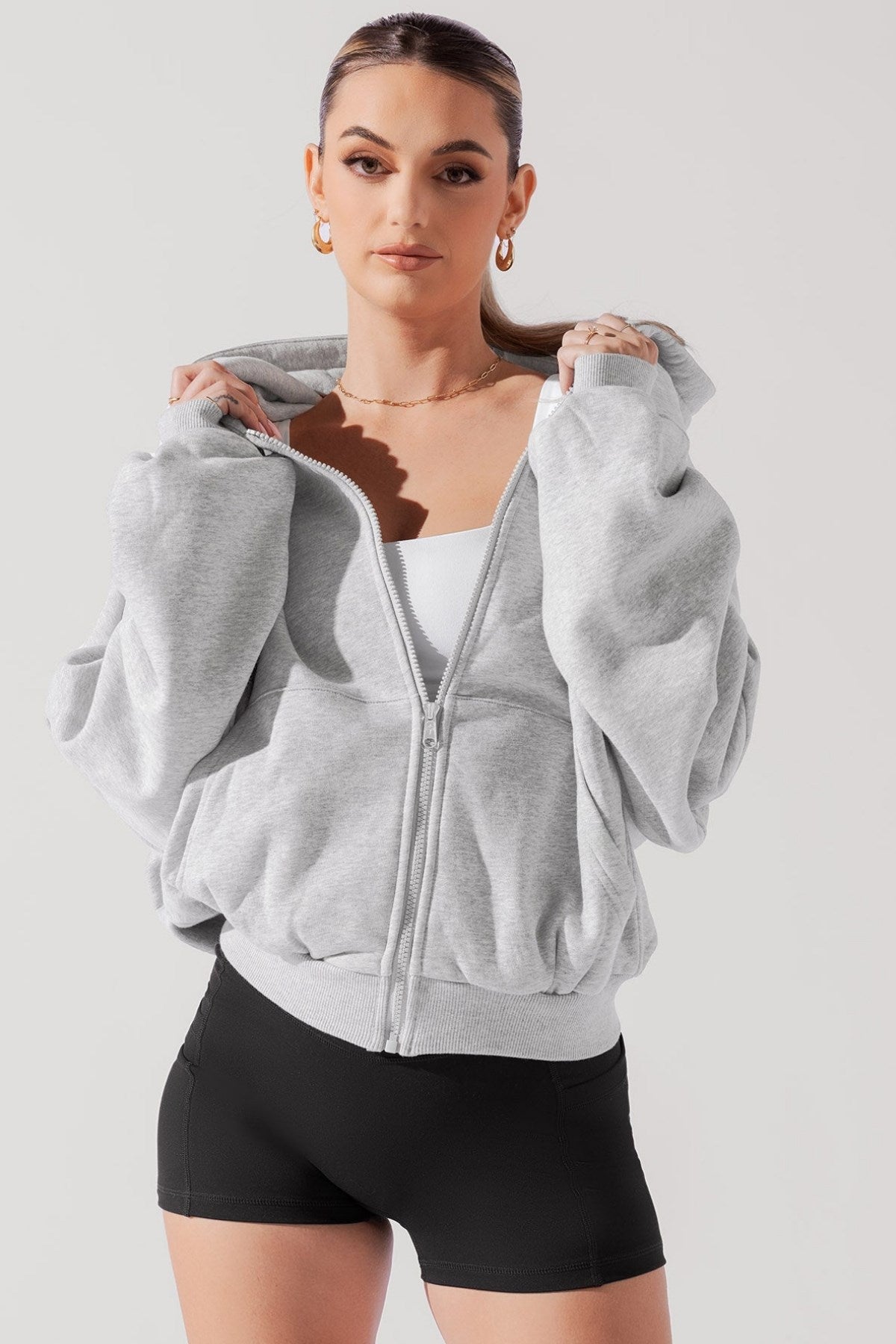 Kadın Gri Oversize Fermuarlı Kapüşonlu Sweatshirt 3 İplik Şardonlu Kumaş