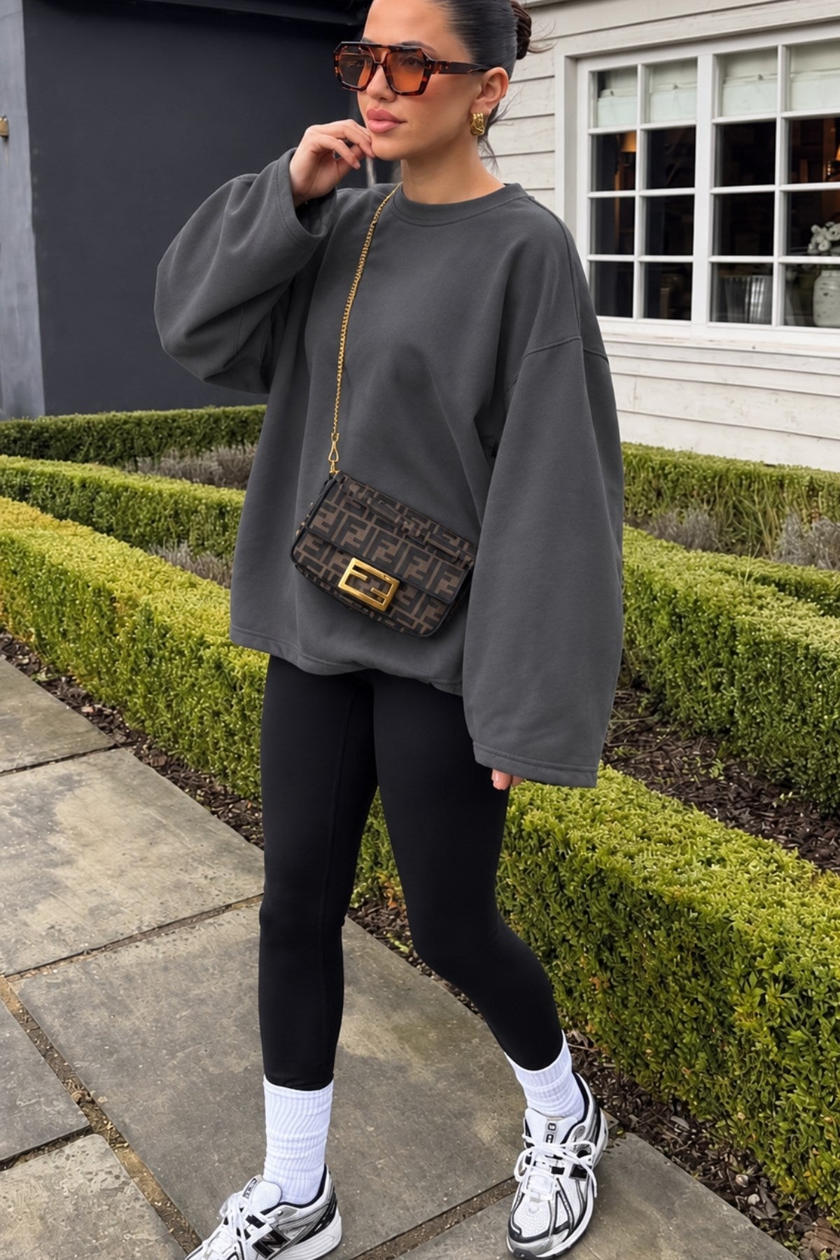 Kadın Relaxed Fit Sweatshirt Basic Füme – Bisiklet Yaka, 3 İplik Şardonsuz, Düşük Omuz, Geniş Kol