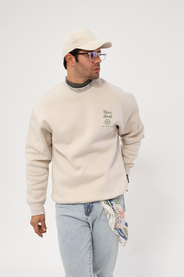 Bisiklet Yaka İçi Polar Move Ahead Yazı Baskılı Bej Oversize Sweatshirt