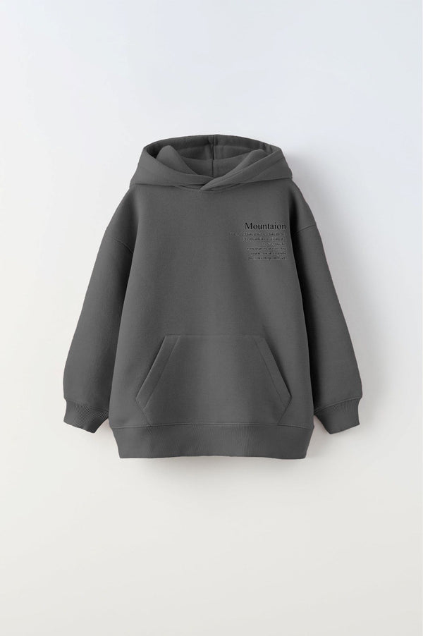 Füme Kapüşonlu İçi Polar Dağ Baskılı Unisex Çocuk Sweatshirt