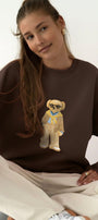 Kadın Oversize Sweatshirt Gentleman Bear Baskılı Kahverengi – Bisiklet Yaka, 3 İplik Şardonlu