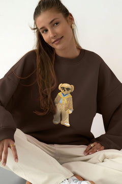 Kadın Oversize Sweatshirt Gentleman Bear Baskılı Kahverengi – Bisiklet Yaka, 3 İplik Şardonlu