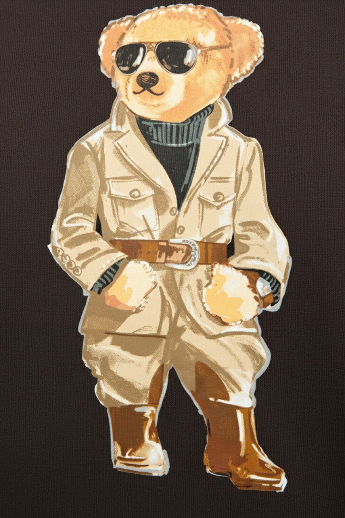 Kadın Oversize Sweatshirt Trench Bear Baskılı Kahverengi – Bisiklet Yaka, 3 İplik Şardonlu