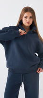 Unisex Oversize Sweatshirt Basic Marine – Yarım Fermuar Dik Yaka, 3 İplik Şardonlu Polar