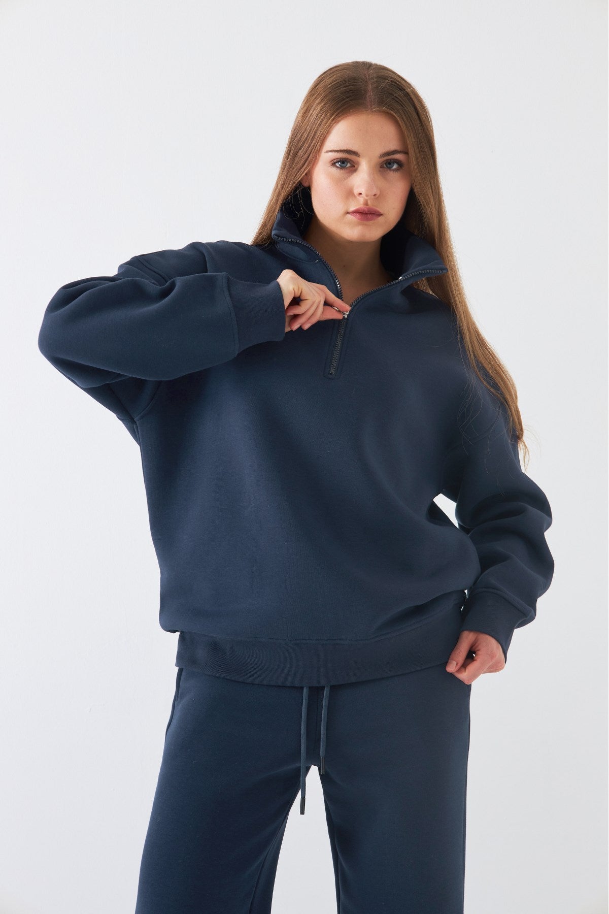 Unisex Oversize Sweatshirt Basic Marine – Yarım Fermuar Dik Yaka, 3 İplik Şardonlu Polar