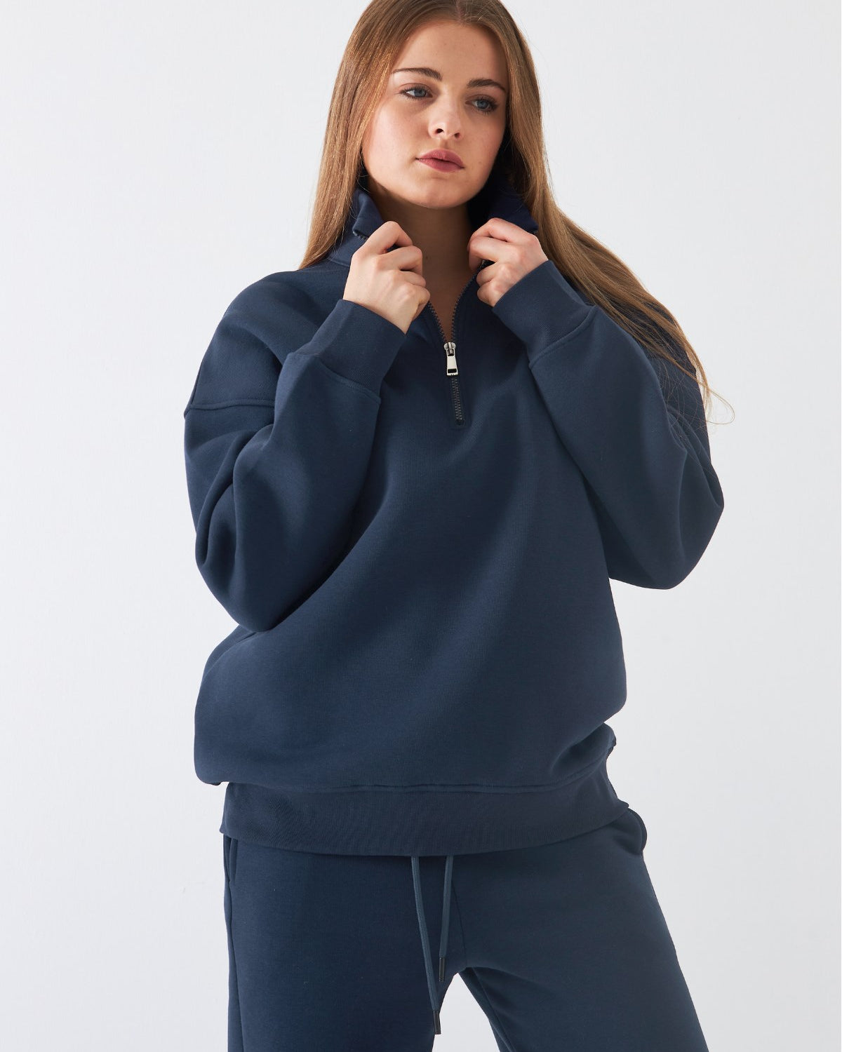 Unisex Oversize Sweatshirt Basic Marine – Yarım Fermuar Dik Yaka, 3 İplik Şardonlu Polar