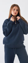 Unisex Oversize Sweatshirt Basic Marine – Yarım Fermuar Dik Yaka, 3 İplik Şardonlu Polar
