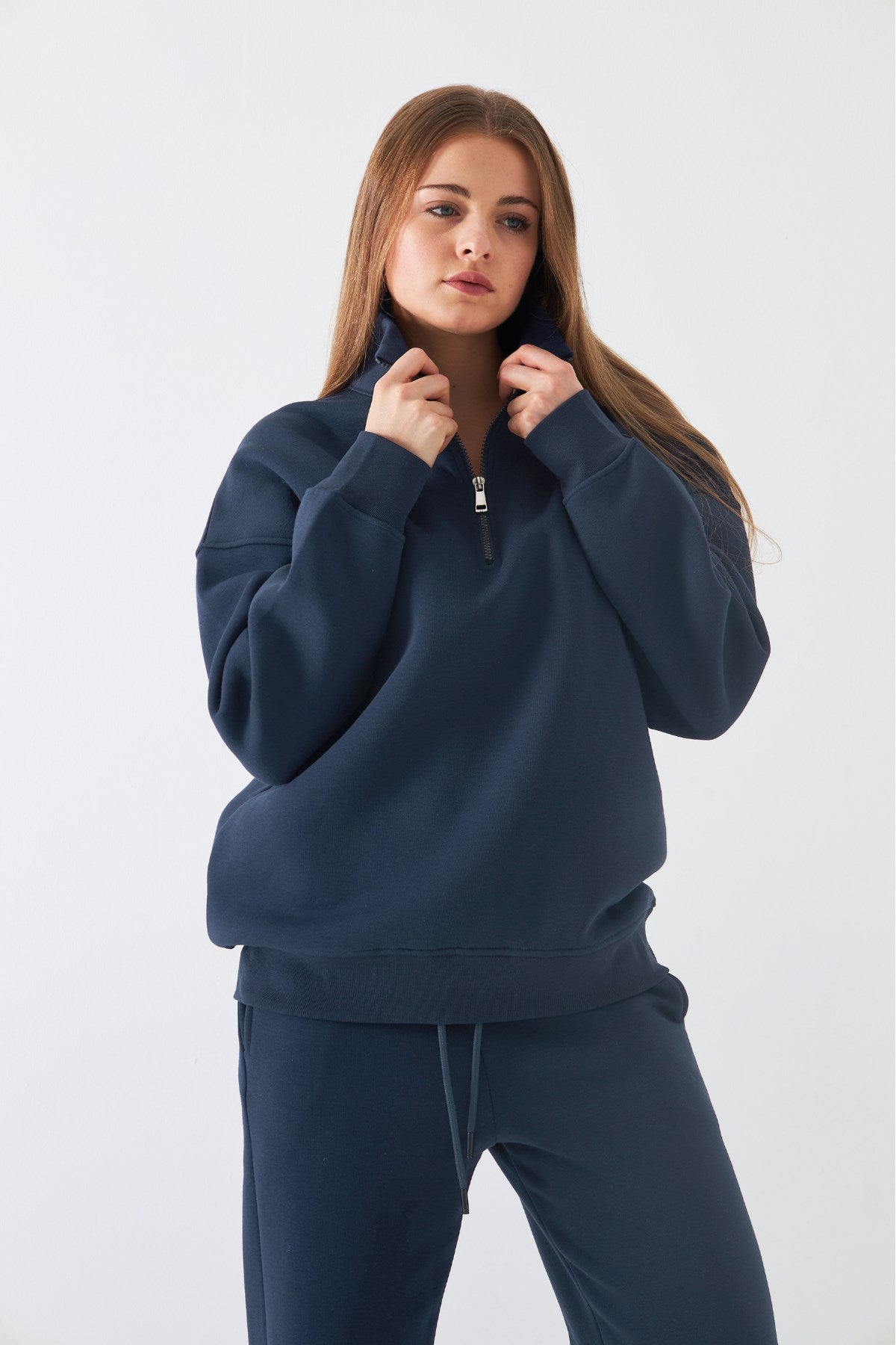 Unisex Oversize Sweatshirt Basic Marine – Yarım Fermuar Dik Yaka, 3 İplik Şardonlu Polar