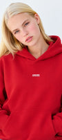 Kadın Oversize Hoodie Amore Baskılı Kırmızı – Kapüşonlu, Kanguru Cepli, 3 İplik Şardonlu Polar