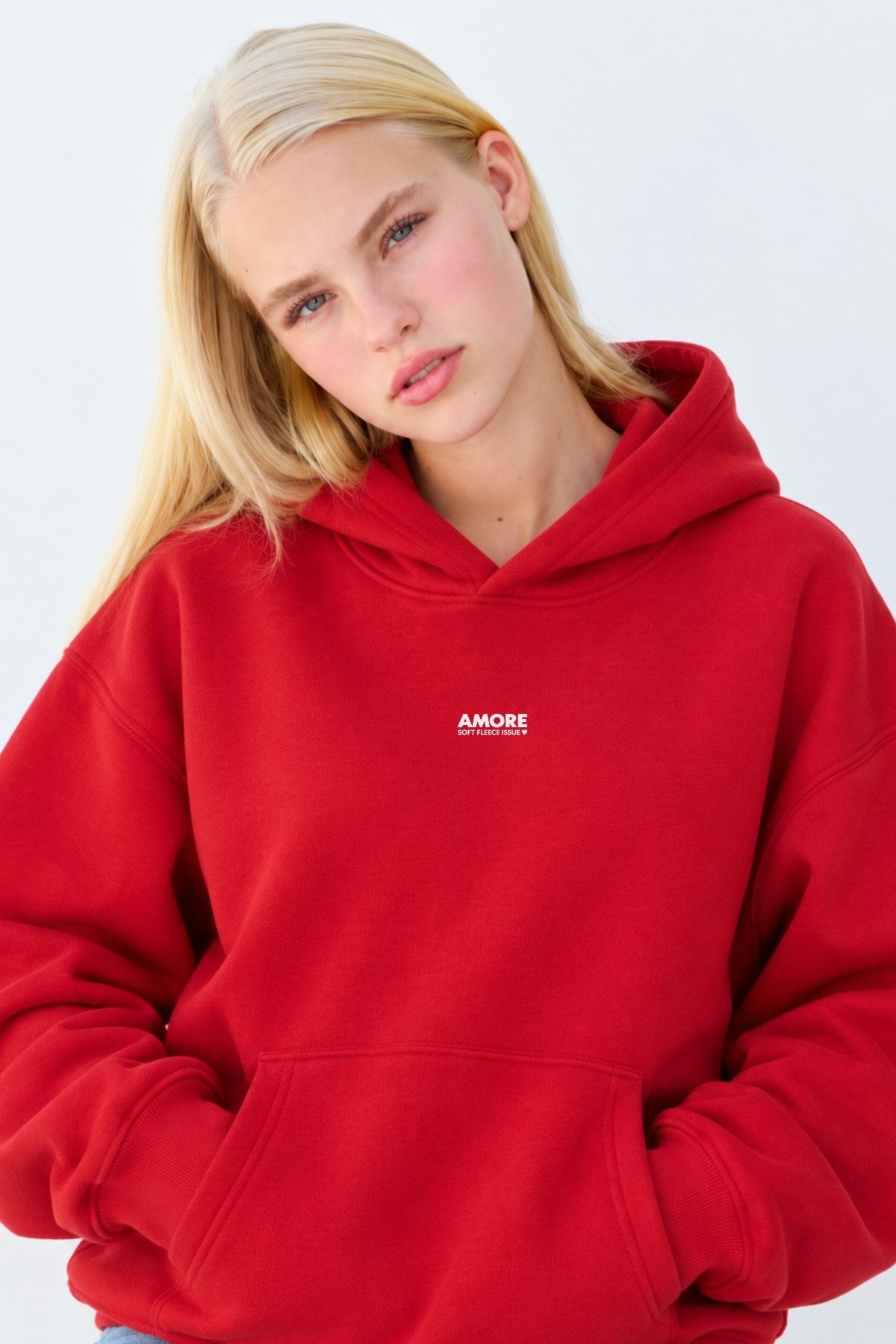Kadın Oversize Hoodie Amore Baskılı Kırmızı – Kapüşonlu, Kanguru Cepli, 3 İplik Şardonlu Polar