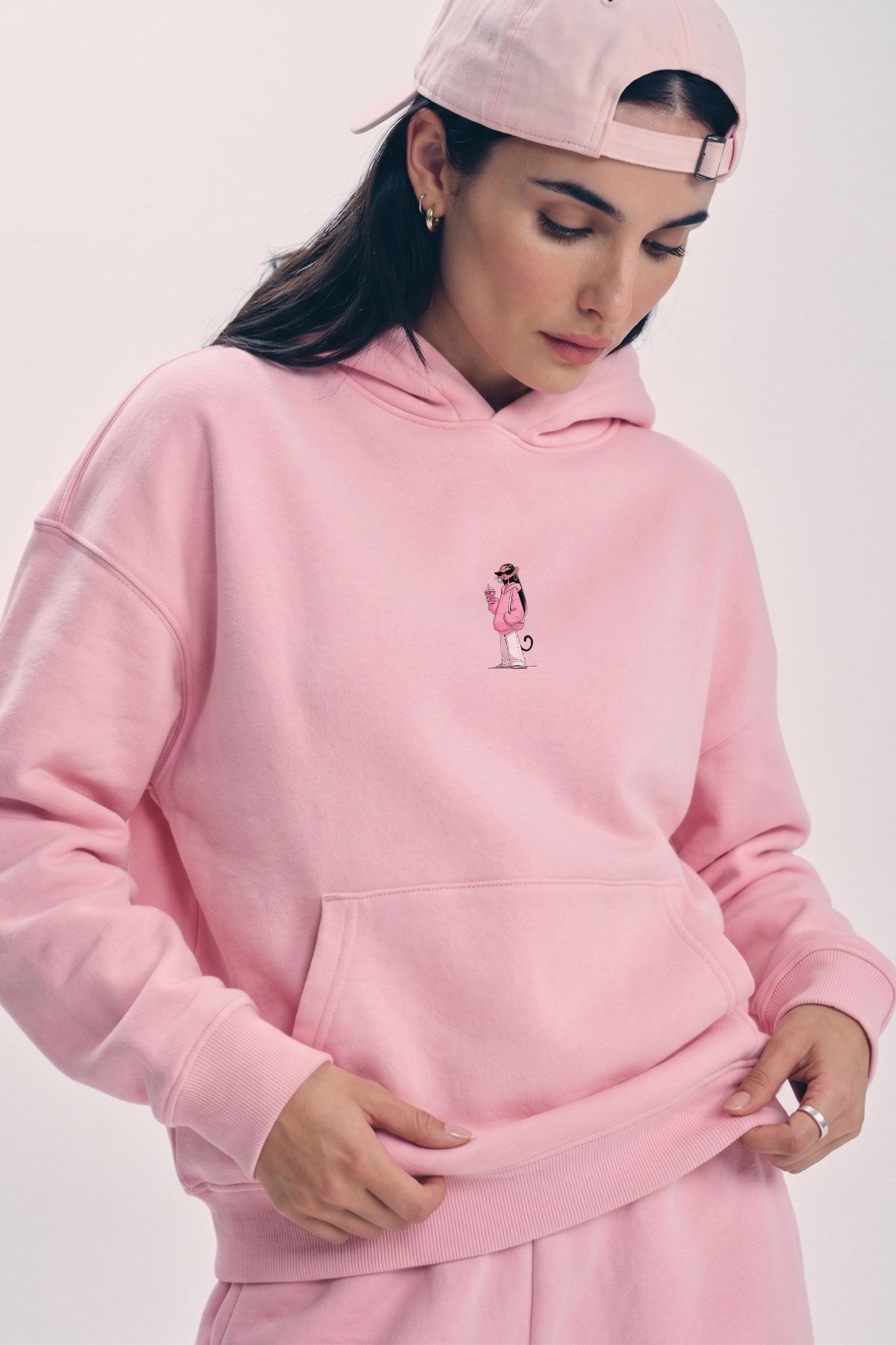 Kadın Oversize Hoodie Pink Kitty Club Baskılı Pembe - Kapüşonlu, Cepli, 3 İplik Polar