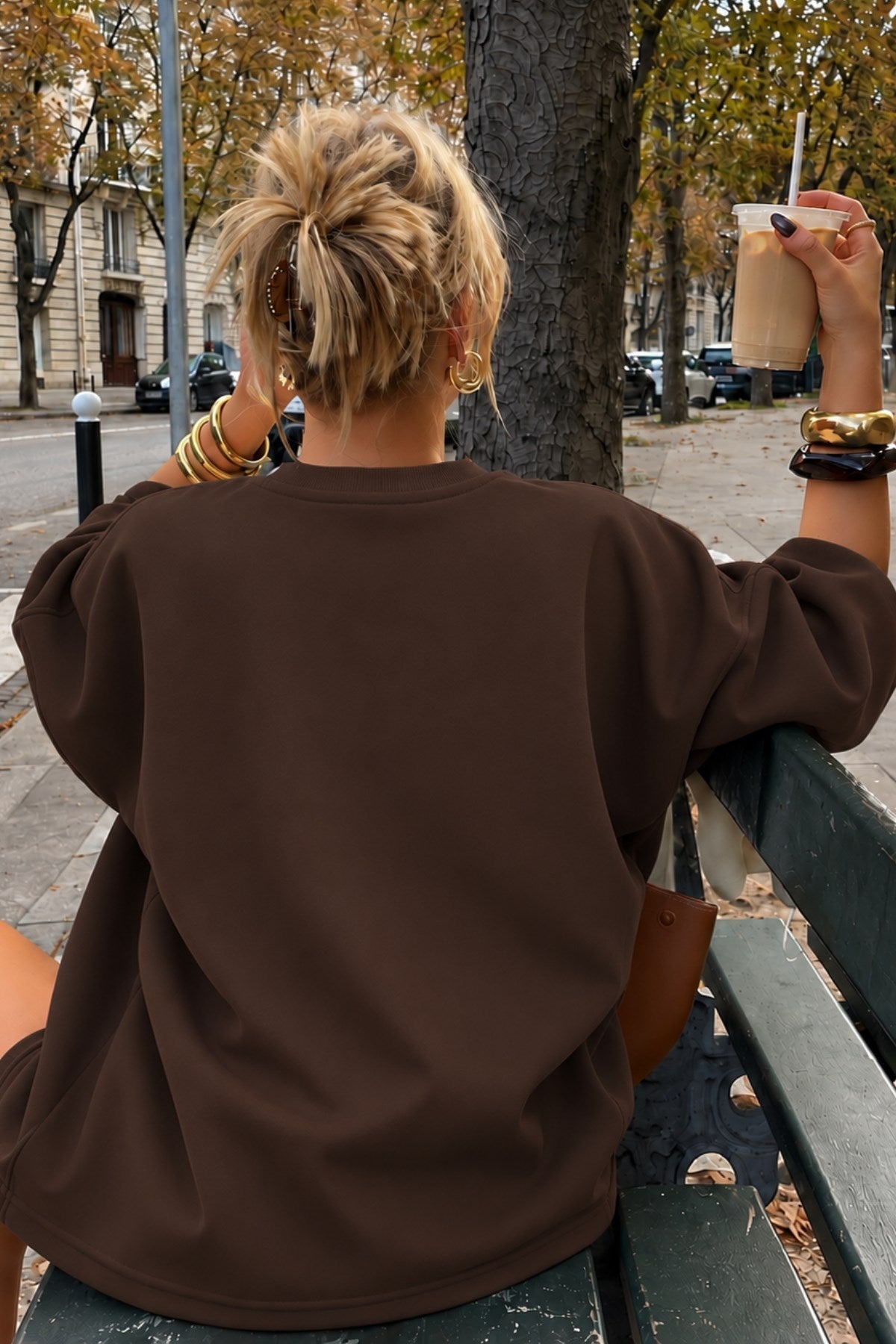 Kadın Relaxed Fit Sweatshirt Life Is Too Short Baskılı Kahverengi – Bisiklet Yaka, 3 İplik Şardonsuz
