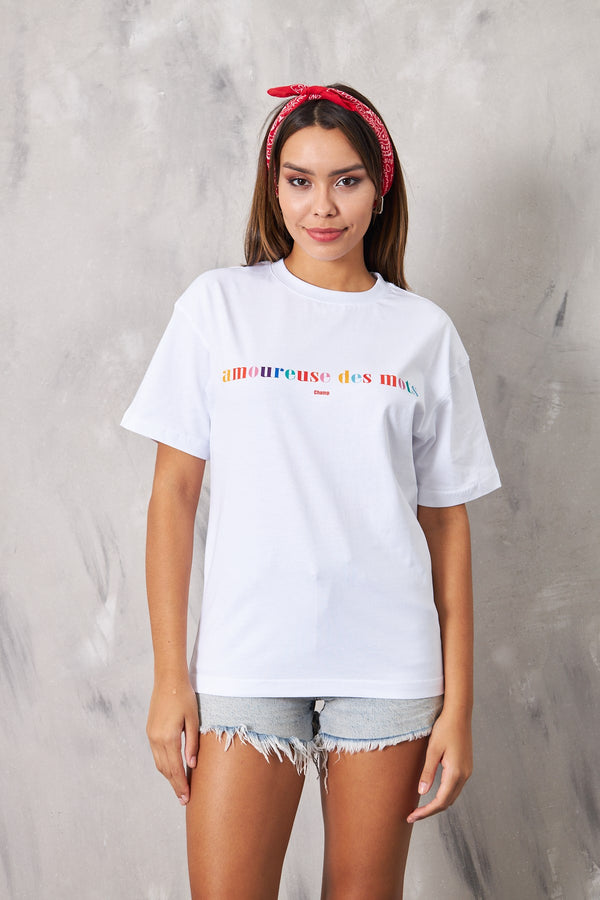 Amoureuse Des Mots Champ Yazılı Beyaz T-Shirt