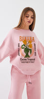 Kadın Oversize Sweatshirt Banana Tropical Baskılı Pembe – Bisiklet Yaka, 3 İplik Şardonlu Polar