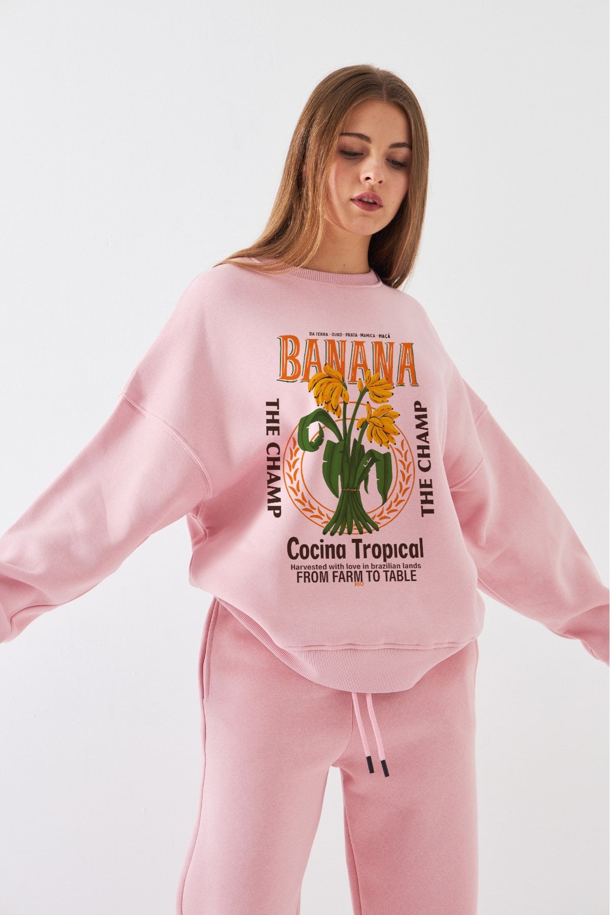 Kadın Oversize Sweatshirt Banana Tropical Baskılı Pembe – Bisiklet Yaka, 3 İplik Şardonlu Polar