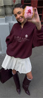 Kadın Oversize Sweatshirt Castelló de la Plana Baskılı Bordo – Yarım Fermuarlı, 3 İplik Polar