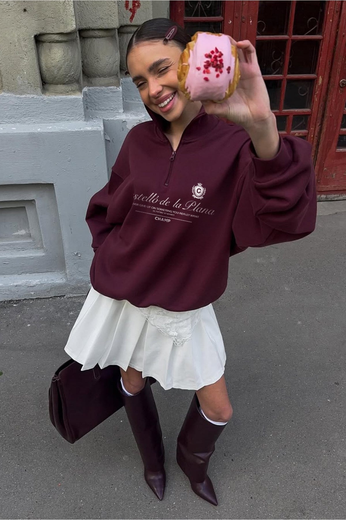 Kadın Oversize Sweatshirt Castelló de la Plana Baskılı Bordo – Yarım Fermuarlı, 3 İplik Polar