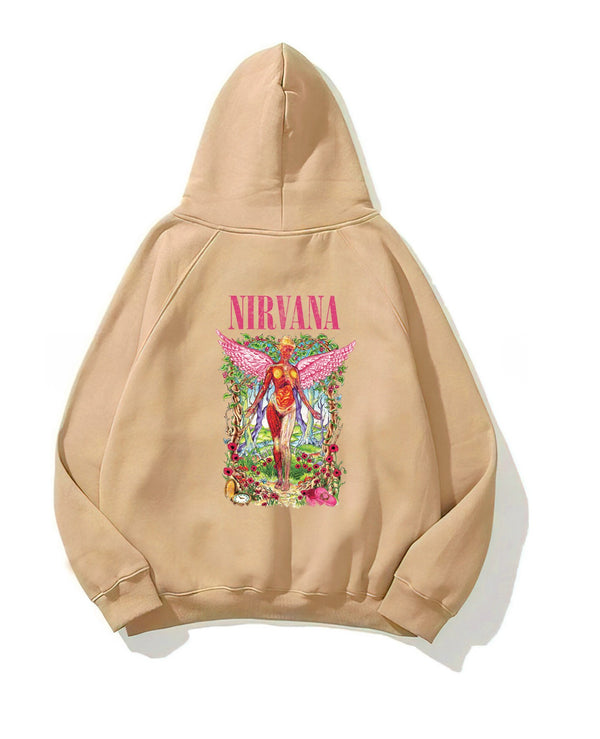 Kapüşonlu İçi Polar Pembe Nirvana Baskılı Bej Unisex Hoodie Sweatshirt