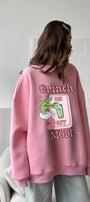 Kadın Oversize Sweatshirt Elbise Grinch Mode Baskılı Pembe – Bisiklet Yaka, 3 İplik Şardonlu Polar