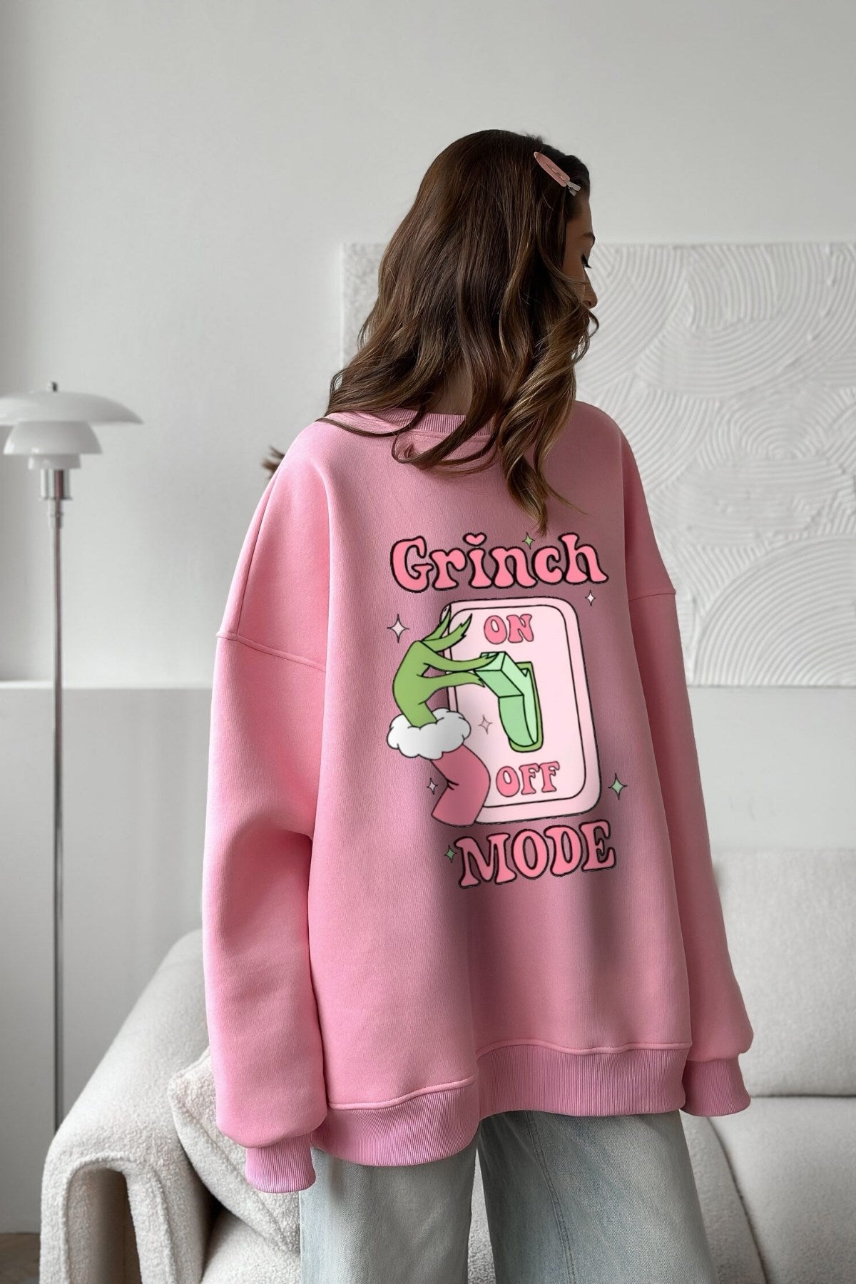 Kadın Oversize Sweatshirt Elbise Grinch Mode Baskılı Pembe – Bisiklet Yaka, 3 İplik Şardonlu Polar