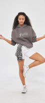 Faith Yazılı Taş Baskılı Kapüşonlu İçi Polar Oversize Füme Sweatshirt