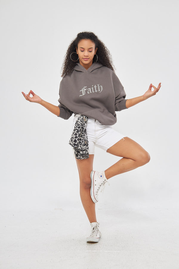 Faith Yazılı Taş Baskılı Kapüşonlu İçi Polar Oversize Füme Sweatshirt