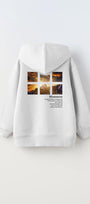 Beyaz Kapüşonlu İçi Polar Dağ Baskılı Unisex Çocuk Sweatshirt