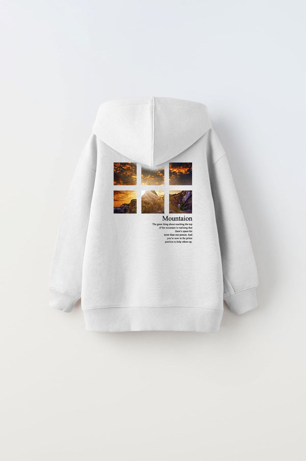 Beyaz Kapüşonlu İçi Polar Dağ Baskılı Unisex Çocuk Sweatshirt