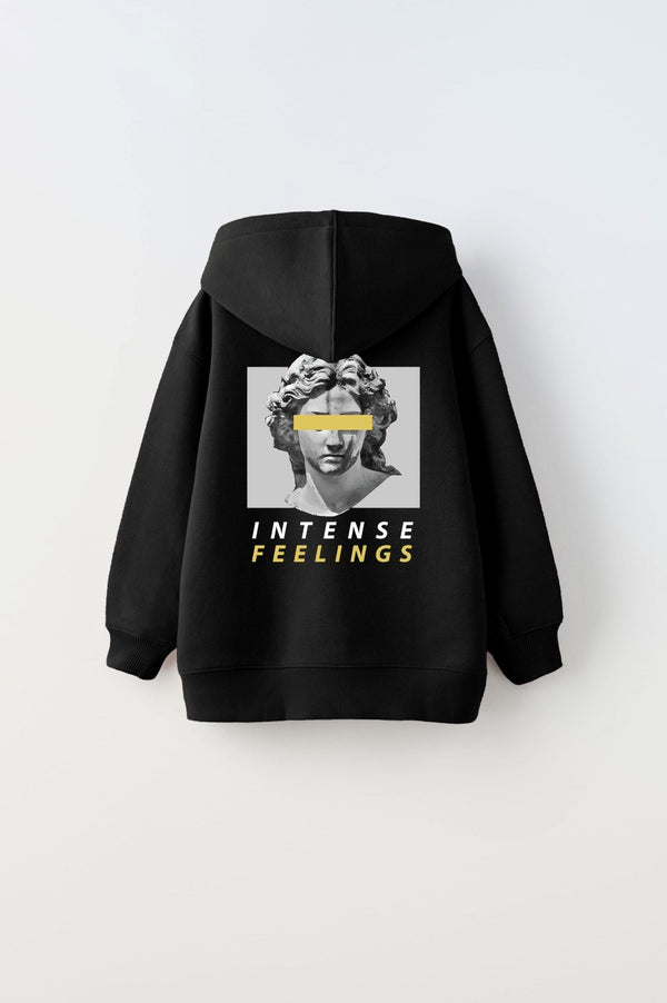 Kapüşonlu İçi Polar Intense Feelings Baskılı Siyah Unisex Çocuk Hoodie Sweatshirt