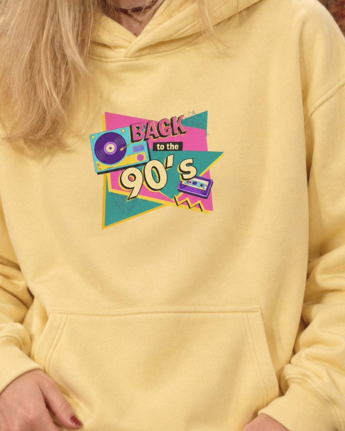 Kadın Oversize Hoodie Back To The 90’s Baskılı Sarı - Kapüşonlu, Kanguru Cepli, 3 İplik Polar