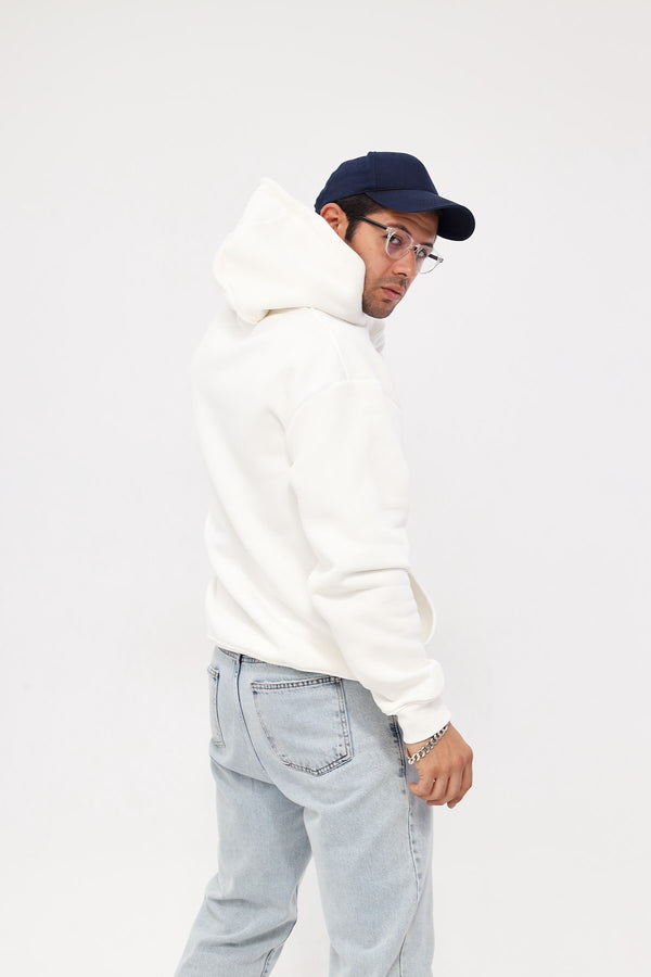 Kapüşonlu İçi Polar Eighty Five Yazı Baskılı Beyaz Oversize Hoodie Sweatshirt