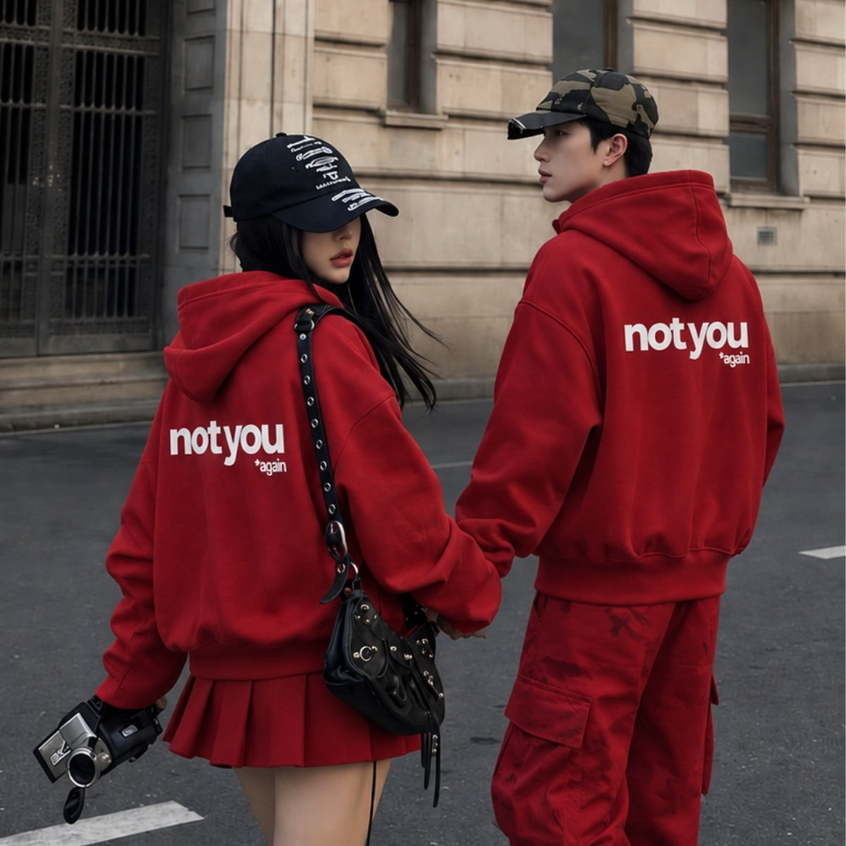 Unisex Oversize Hoodie Not You Again Baskılı Kırmızı – Kapüşonlu, Kanguru Cepli, 3 İplik Şardonlu 