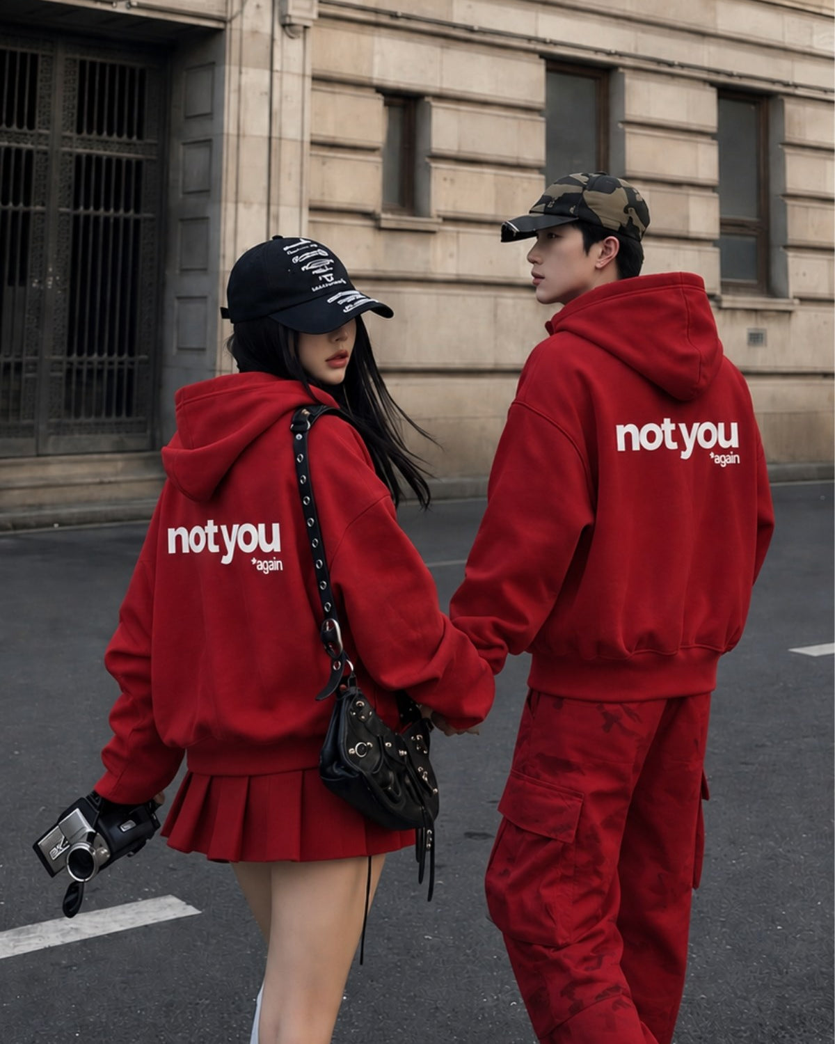 Unisex Oversize Hoodie Not You Again Baskılı Kırmızı – Kapüşonlu, Kanguru Cepli, 3 İplik Şardonlu 