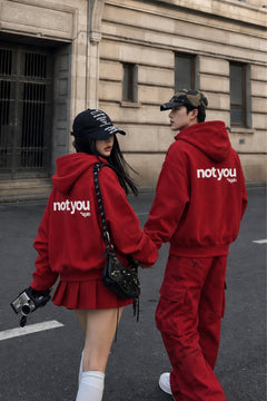 Unisex Oversize Hoodie Not You Again Baskılı Kırmızı – Kapüşonlu, Kanguru Cepli, 3 İplik Şardonlu