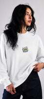 Kadın Oversize Sweatshirt Retro Kaset Baskılı Beyaz – Bisiklet Yaka, 3 İplik Şardonlu Polar