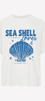 Kadın Oversize Tişört Sea Shell Lover Baskılı Beyaz – Bisiklet Yaka, %100 Pamuk Compact Süprem 24/1