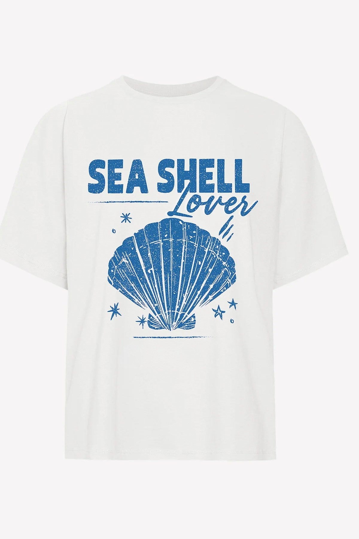 Kadın Oversize Tişört Sea Shell Lover Baskılı Beyaz – Bisiklet Yaka, %100 Pamuk Compact Süprem 24/1