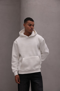 Erkek Oversize Sweatshirt Hoodie CHMP Yazlı Baskılı Beyaz – Kapüşonlu, 3 İplik Polar, Kanguru Cepli