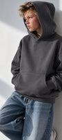 Erkek Çocuk Oversize Basic Hoodie Sweatshirt Füme – Kapüşonlu, Kanguru Cepli, 3 İplik Polar