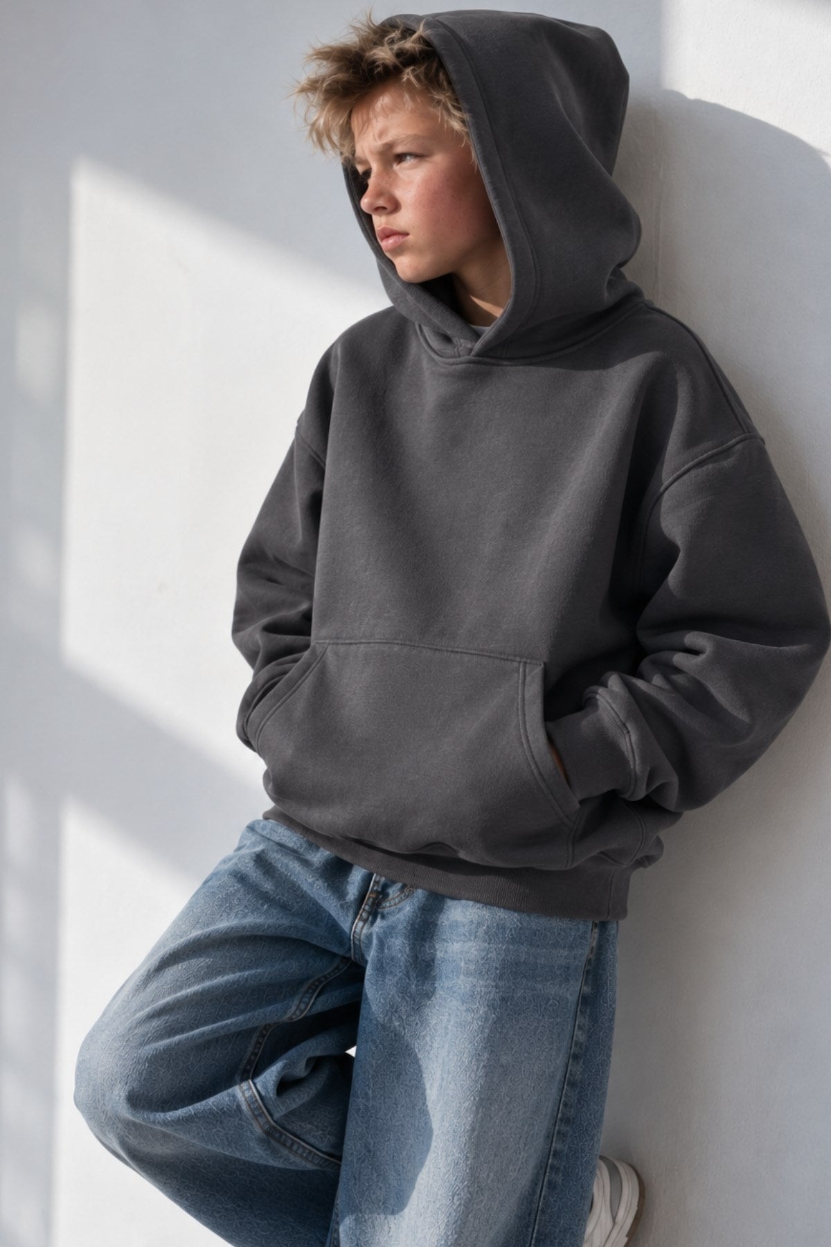 Erkek Çocuk Oversize Basic Hoodie Sweatshirt Füme – Kapüşonlu, Kanguru Cepli, 3 İplik Polar