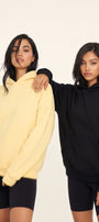 Unisex 2’li Oversize Basic Hoodie Siyah & Sarı – Kapüşonlu, Cepli, 3 İplik Şardonlu Polar