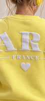 Kadın Oversize Sweatshirt Paris 3D Baskılı Sarı – Bisiklet Yaka, Kol ve Sırt Baskılı, 3 İplik