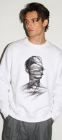 Erkek Oversize Sweatshirt Blind Trace Baskılı Beyaz – Bisiklet Yaka, 3 İplik Şardonlu Polar