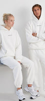 Unisex Oversize Eşofman Takımı Champ & Leisure Baskılı Beyaz – 3 İplik, Kapüşonlu Üst, Lastikli Alt