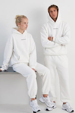 Unisex Oversize Eşofman Takımı Champ & Leisure Baskılı Beyaz – 3 İplik, Kapüşonlu Üst, Lastikli Alt