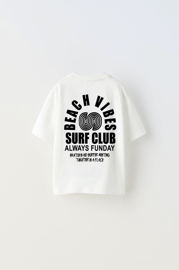 Beach Vıbes Surf Club Yazılı Ters S Tasarım Baskılı Beyaz Çocuk T-Shirt