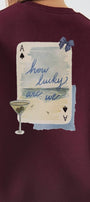 Kadın Oversize Sweatshirt How Lucky Are We Baskılı Bordo – Bisiklet Yaka, 3 İplik Şardonlu Polar